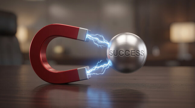 The Magnet of Success Concept with Red Horseshoe Magnet and Metallic Sphere Symbolizing Achievement