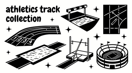 athletics tracks featuring running lanes steeplechase areas relay zones long jump pits pole vault facilities and championship competition venues black arranged as a commercial vector illustration set © Ethan