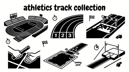 athletics tracks featuring running lanes steeplechase areas relay zones long jump pits pole vault facilities and championship competition venues black arranged as a commercial vector illustration set © Ethan