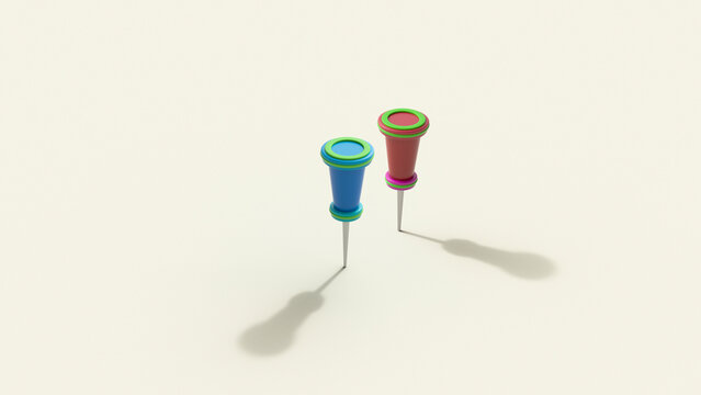 Two different colored pins casting shadows on a white background