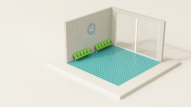 An empty tiny waiting room features green seating and a clock