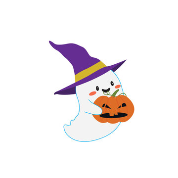Cute Kawaii Halloween Ghost with Witch Hat and Pumpkin Vector Illustration