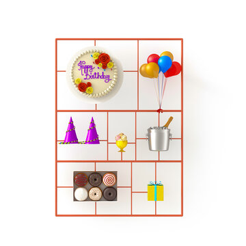 A 3d rendering shows a birthday party kit on a white background