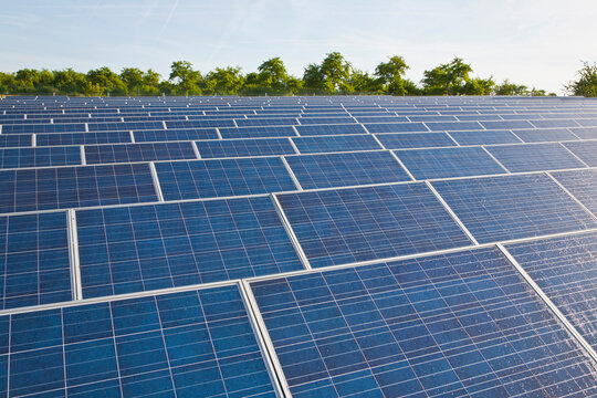 Large field of solar panels generating renewable energy in Germany
