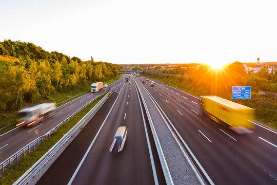 View to a motorway at sunset, Leonberg, Germany