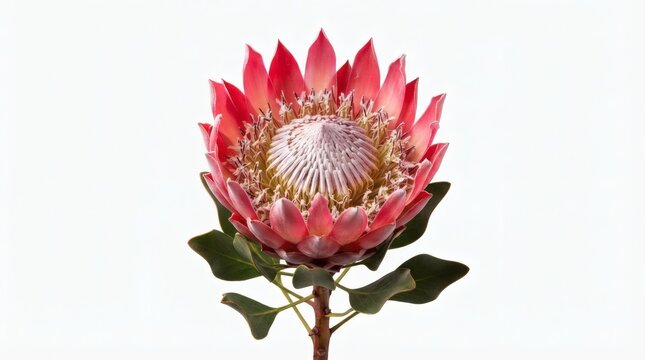 Beautiful pink king protea flower head isolated on a clean white background