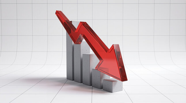 Data Waterfall Illustration with Red Downward Arrow and Bar Columns Showing Economic Decline