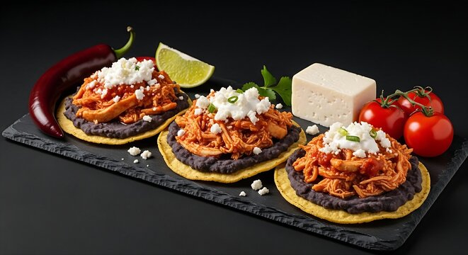 crispy golden Tostadas de Tinga placed gently on a dark slate block. Each flat, fried corn tortilla base is piled high with refried black beans, juicy shredded chicken tinga simmered in a smoky chipot