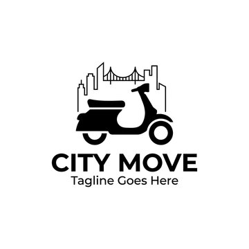 Modern delivery or transportation logo featuring a moped and bridge silhouette.