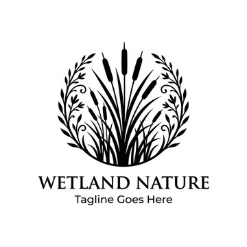 Environmental emblem for wildlife preserves and river guides focusing on marshland ecology.