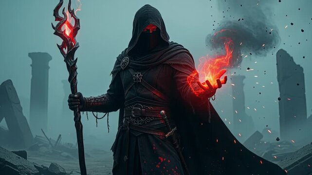 Hooded sorcerer on ruined battlefield raises jagged staff fiery red magic bursts