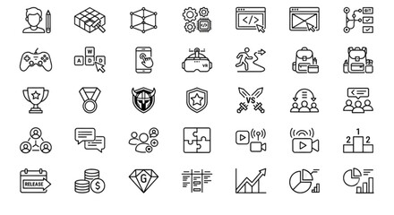 Game development vector images set showing modern line icons of gaming controllers coding git branch puzzle elements user profiles and financial analytics © Muhammad