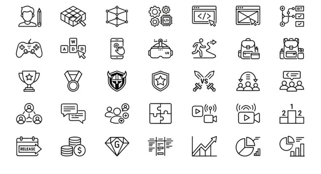 Game development vector images set showing modern line icons of gaming controllers coding git branch puzzle elements user profiles and financial analytics