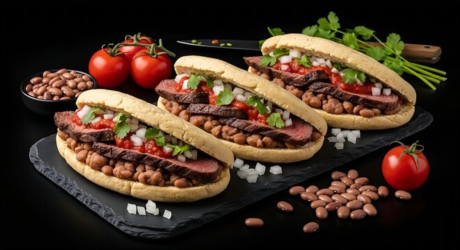  thick, oblong Huaraches placed on a dark stone slab. The sandal-shaped masa dough bases are stuffed with smashed pinto beans, fried until crisp, and layered with tender grilled carne asada steak stri