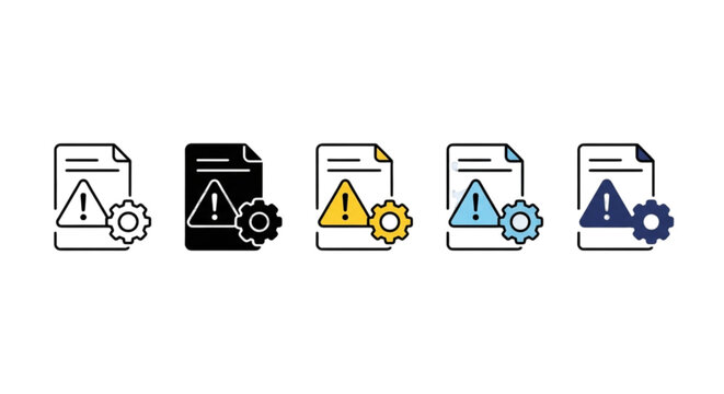 Colorful technical system warning and error troubleshooting vector images set displaying attention alerts on gear documents in diverse vector design styles.
