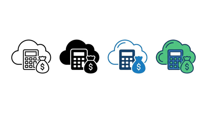 Cloud computing financial calculation vector images set demonstrating calculator with money bag inside cloud outline silhouette blue and colored flat icons
