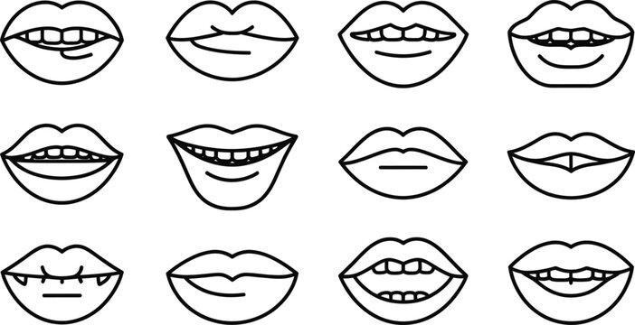 Various cartoon smiling lips with teeth and different expressions