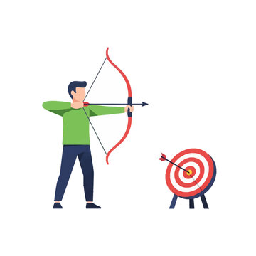 Professional vector illustration of a sharp archery arrow hitting the center red bullseye of a round target board, representing goal achievement, success, and high precision accuracy.