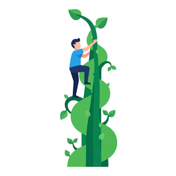 Flat vector illustration of a person climbing a huge, spiraling green beanstalk reaching into the clouds, symbolizing growth, ambition, and fantasy fairytale adventure elements.