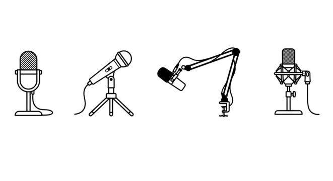 Clean black line vector images set displaying studio condenser microphones desktop stands adjustable boom arms and recording equipment for podcast broadcasting streaming