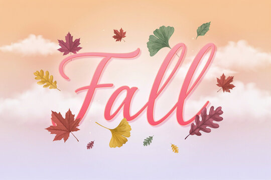 Fall seasonal typography on soft sky background, autumn leaves illustration with cursive lettering, pastel orange and purple sunset sky with clouds