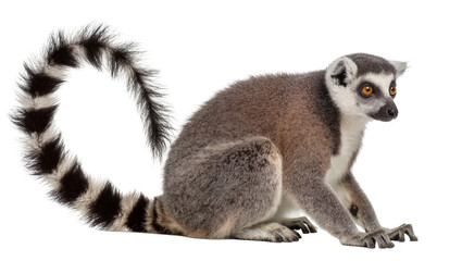 Obraz premium Ring-tailed lemur with bushy striped tail, isolated on transparent background