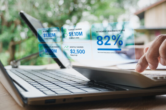 Financial advisor presenting retirement planning dashboard with retirement readiness score, financial goals, investment planning, future income projection and long term wealth management strategy