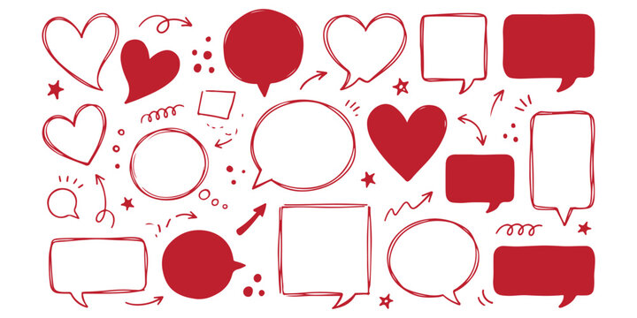 Set of hand drawn red speech bubbles and heart shapes for love messages