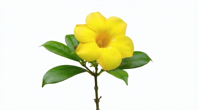 A vibrant yellow Allamanda flower with lush green leaves, captured against a clean white background, showcasing its delicate beauty and natural elegance in detail