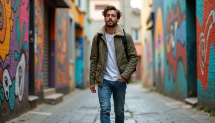 Fototapeta premium Stylish Young Man Walking Through Colorful Urban Alley with Graffiti Art
