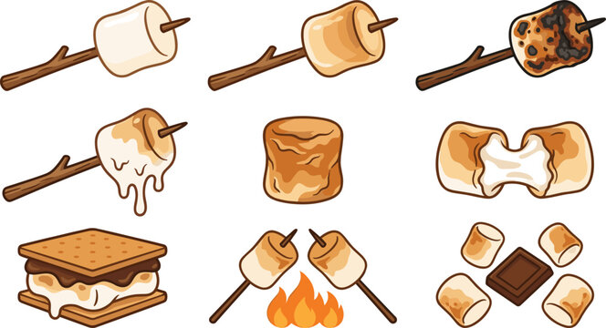 Toasted Marshmallow and Smores Vector Illustration Set Featuring Roasted Sweets Campfire Skewers Graham Crackers and Chocolate for Camping Designs