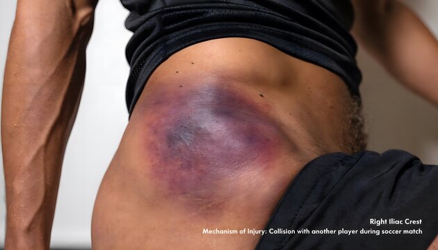 Iliac crest contusion and ecchymosis on athletic male torso. Clinical photo of hip bone trauma from physical impact, medical documentation style.