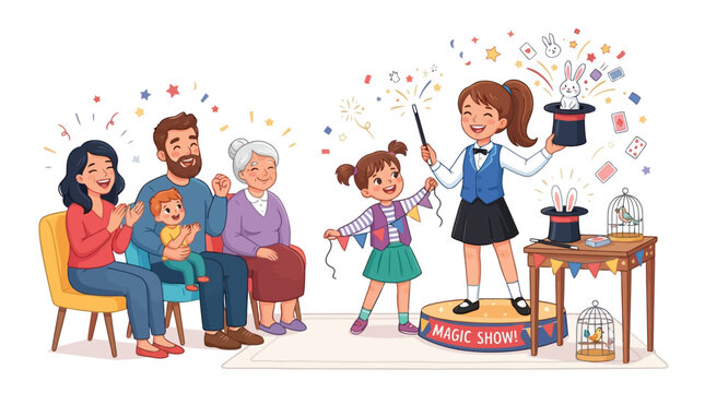 Little girl performing magic show for happy family vector illustration