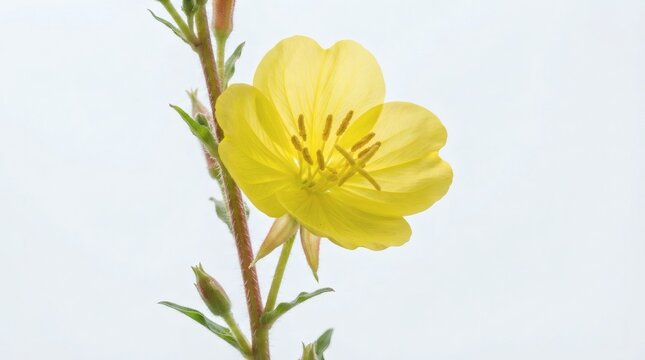 Yellow blooming evening primrose flower on green stem under bright sky, vibrant oenothera biennis petals in summer garden landscape