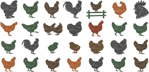 Chicken Silhouette Vector Set Featuring Roosters Hens And Baby Chicks For Poultry Farming Organic Agriculture Logo Layouts And Linocut Stamp Designs © MdSirazul