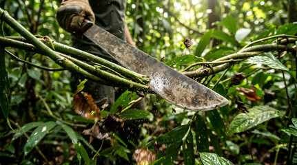 Fototapeta premium Person using machete to clear vegetation in lush green jungle 
