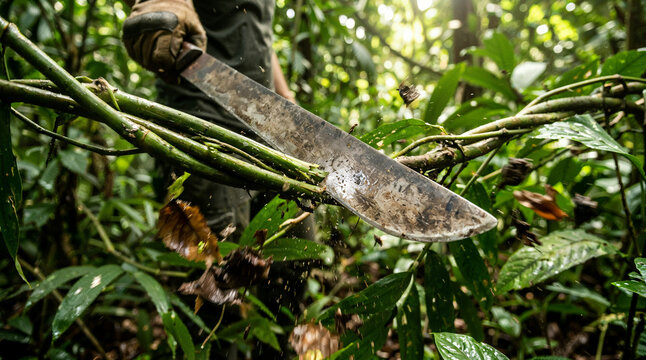 Person using machete to clear vegetation in lush green jungle  