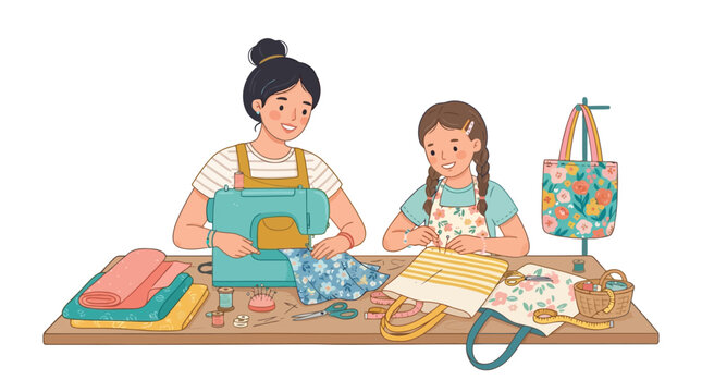 Mother and daughter sewing together at wooden table with fabric and supplies
