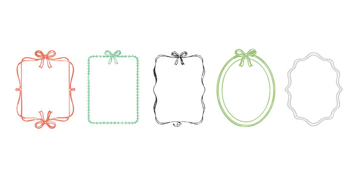Set of five decorative frames with ribbons and bows in various hand drawn styles for cards and invitations
