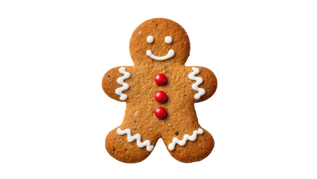 Gingerbread man cookie with white icing and red candy buttons, isolated on transparent background