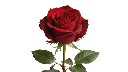 Fototapeta premium Single deep red rose with green leaves, isolated on transparent background