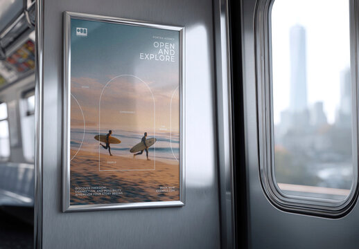 Surfers Poster Mockup Inside Train PSD