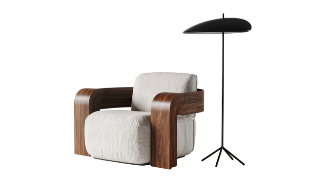 Modern armchair with textured fabric and curved wood arms next to a black arc floor lamp, isolated on transparent background