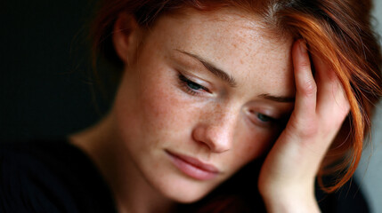 Fototapeta premium Young woman with red hair suffering from headache or migraine holding head in pain with stressed expression