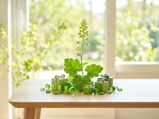 Fototapeta premium Green monochromatic still life concept with small gift boxes and clear glass beads around a plant on table