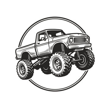 Vintage monster truck in a circular emblem, black and white sketch