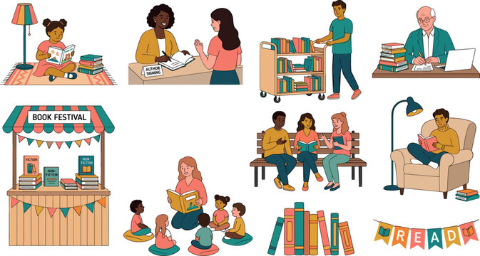 Library and book festival vector character illustrations featuring readers storytelling sessions librarians bookworms market stalls reading clubs literature fair and community education concepts