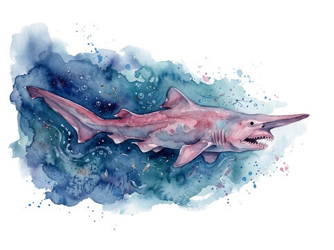 Detailed illustration of a mysterious goblin shark swimming through deep dark blue ocean waters with sharp teeth and long snout painted in a vibrant watercolor style on transparent background.