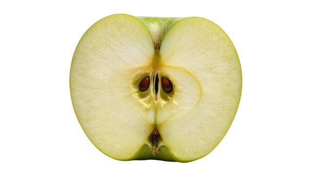 Green apple half showing seeds and core, isolated on transparent background
