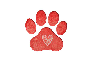 Obraz premium Red paw print with heart, symbolizing pet love, friendship, and animal care, watercolor texture, transparent background